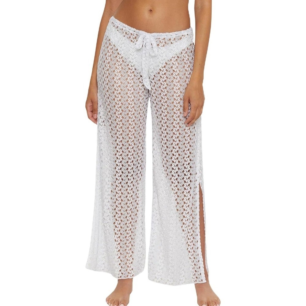 Becca Platinum Lace White Cover‎ Up Beach Pants High Slit Drawstring Size M NWT